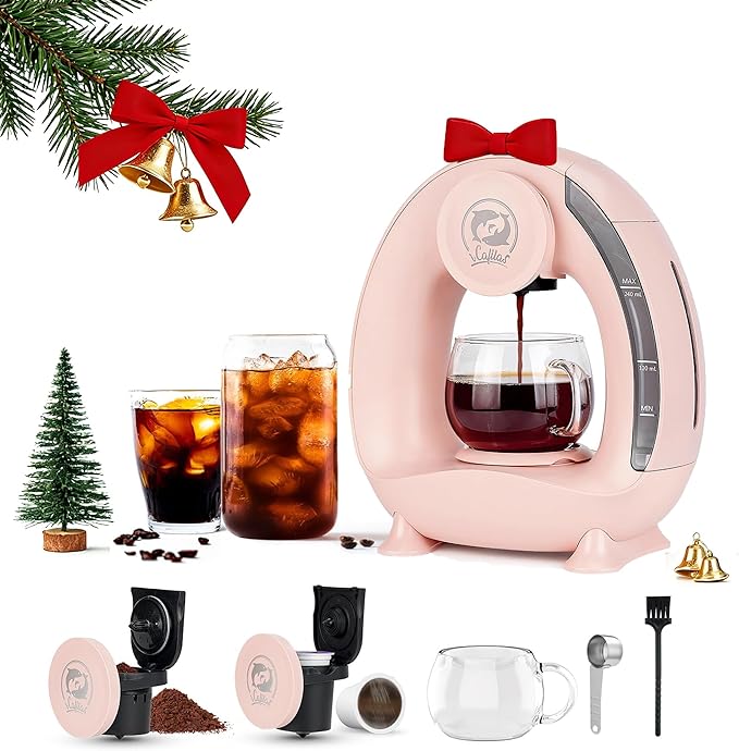 Single Serve Coffee Maker,Fast Brew in 2 minutes,Stylish＆Compact Design,MINI Q 2 IN 1 Coffee Machines for K*cup Capsules & Ground Coffee, Pink Coffee maker