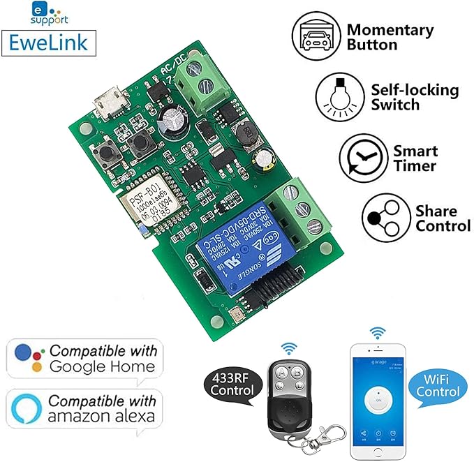 Newgoal 1-Channel Ewelink App Remote Control WiFi Wireless Switch Relay, self-Locking, Interlock Mode, with 433RF Remote Control, Used to Access and Control Smart Garage Doors