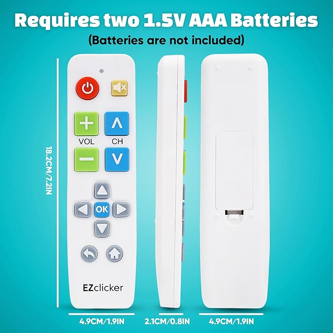 EZclicker Plus Big Button Universal TV Remote (White) Simple Easy to Use, Works with Major TV Brands (2xAAA Batteries Not Included)