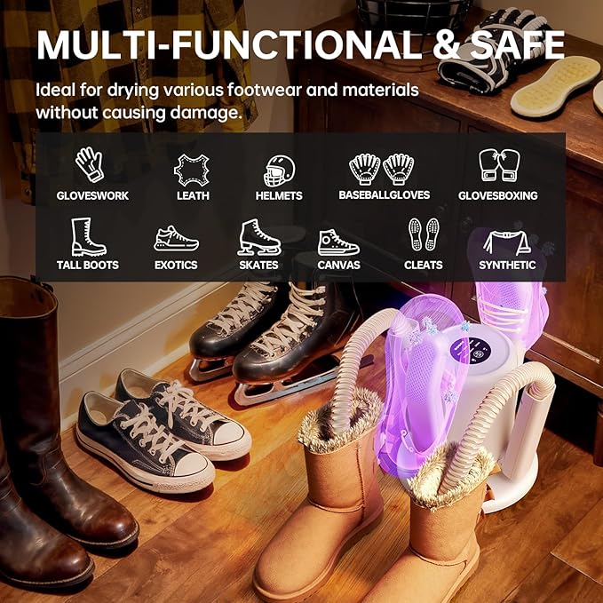 Sogee Boot Dryer, Shoe Dryer for Work Boots and Gloves, 2 * 24IN Retractable Hose with Timer, Rose Salt Remove Odor, Quiet Portable Shoe Dryer, Suitable for Ski Boots, Shoes, Gloves, Ivory, SH03