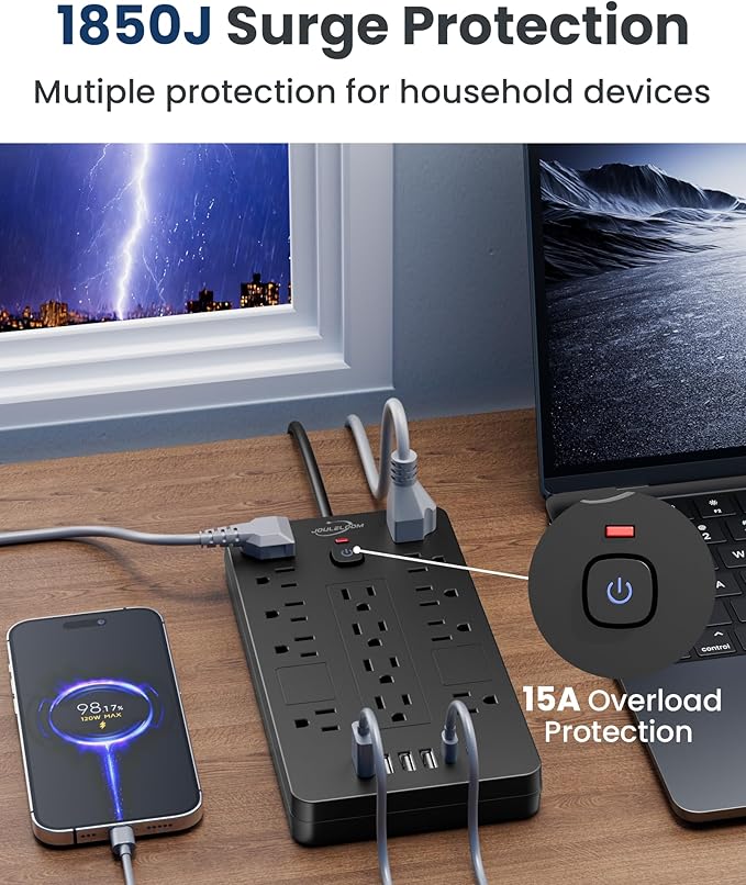 JouleLoom Surge Protector Power Strip-14 Outlets and 6 USB Ports, 6 Feet Flat Plug Extension Cord, 1850 Joules, Black, ETL Listed for Home, Office, Dorm Room