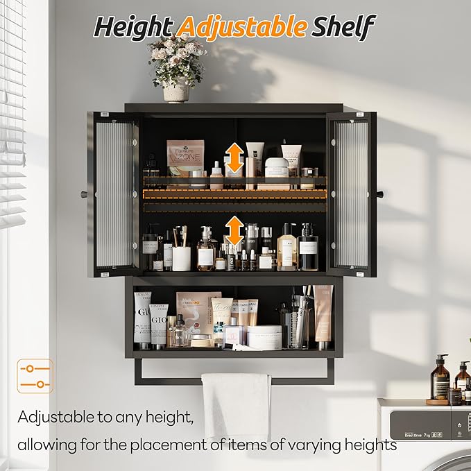 Bathroom Wall Cabinet, Over The Toilet Space Saver Storage Cabinet, Medicine Cabinet with 2 Glass Door and Towel Bar, Metal Wall Mounted Cabinet for Bathroom Laundry Room Kitchen