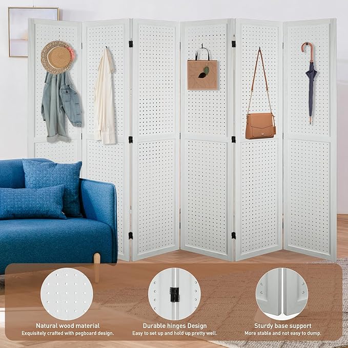 ECOMEX 6 Panel Room Divider, 5.6Ft Pegboard Display Wooden Room Divider Folding Privacy Screen Room Divider Freestanding Peg Board Display for Trade Show Craft Show Home Wall Organizer, Elegant White