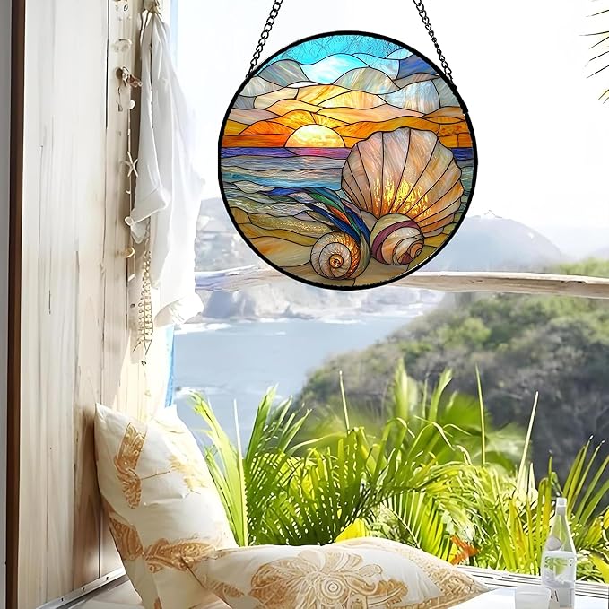 AMDERVEN Stained Glass Window Hanging - Colorful Beach Shells Conch Sun Catcher for Door Home Decor Ocean Suncatcher Christmas Mother's Day Birthday Sea Lover Gifts for Women Men Mom Nana 11.8 in