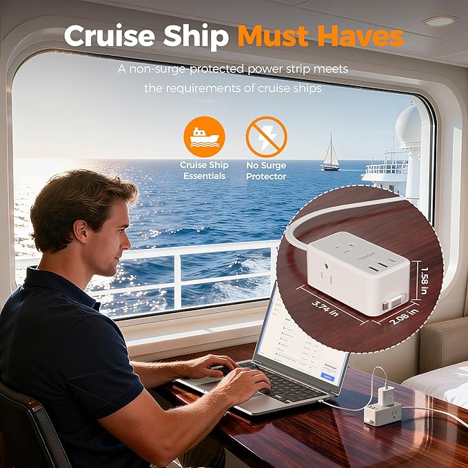 TESSAN Small Flat Plug Power Strip with 1 PD20W Retractable USB C Cable, 5 ft Ultra Thin Extension Cord with 3 AC Outlets 3 USB Ports, 5 ft Slim Plug for Cruise Ship Travel, Dorm, Home Office
