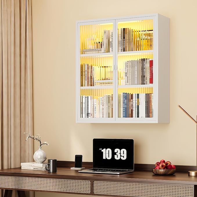 Bathroom Wall Cabinet Over Toilet, Metal Laundry Room Cabinets Wall Mounted, Metal Medicine Cabinets with Glass Doors, Hanging Wall Cabinets for Living Room, White