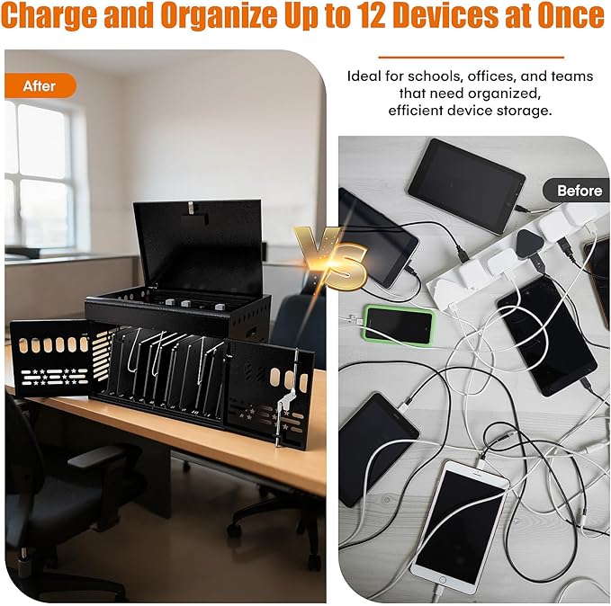 12-Device Tablet Charging Station Lock Box, Computer Cabinet with 2 Keys – Multi-Device Charging Cabinet for iPads, Chromebooks, Fire HD & Phones – Office, School, Hospital (Black),Fully Assembled