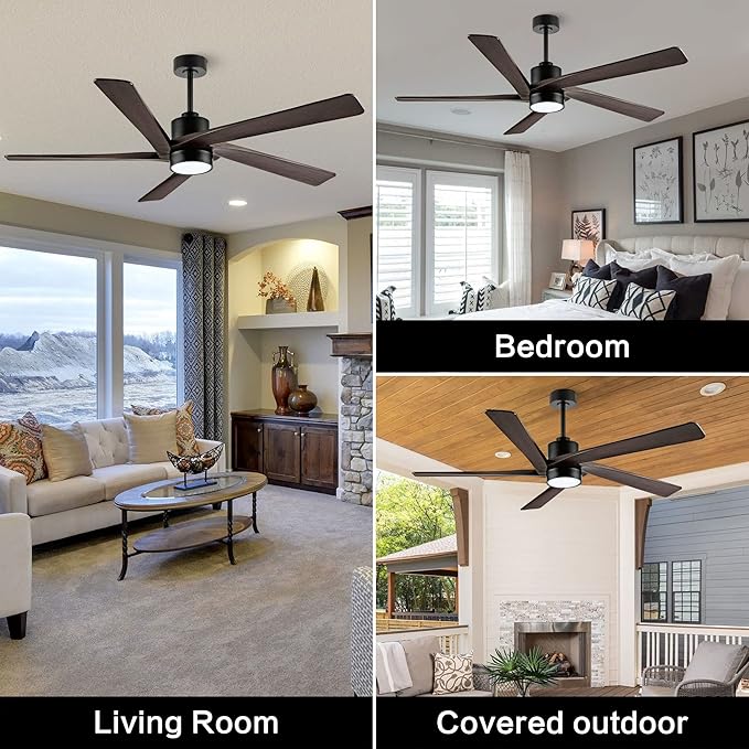 WINGBO 54 Inch DC Ceiling Fan with Lights and Remote Control, 5 Reversible Carved Wood Blades, 6-Speed Noiseless DC Motor, Modern Ceiling Fan in Matte Black Finish with Walnut Blades, ETL Listed