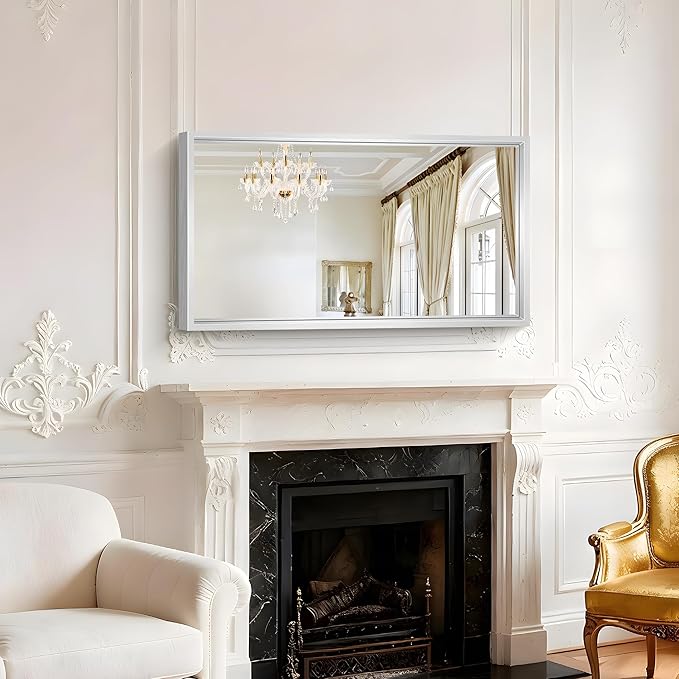 40x24 Silver Bathroom Mirror, Brushed Silver Rectangular Mirror for Wall, 0.6" Thickened Deep Frame Mirrors for Bathroom Sink, Shatterproof Tempered Glass, Antirust, Horizontally or Vertically