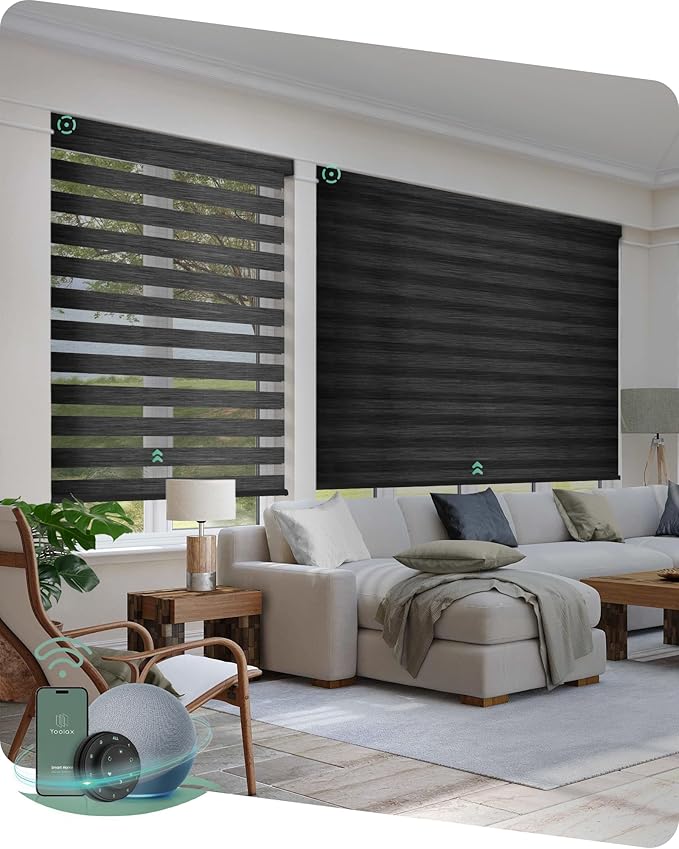 Yoolax Motorized Zebra Blinds Works with Alexa, Motorized Blinds with Remote Custom Size, Privacy Electric Zebra Shades for Windows (95% Shading Carbon Black)