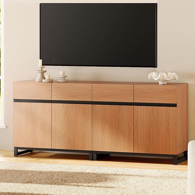 WAMPAT Modern TV Stand for TVs up to 70 inch, 2 in 1 Entertainment Center TV Console with Adjustable Shelves and Metal Base for Living Room,Bedroom, Mocha
