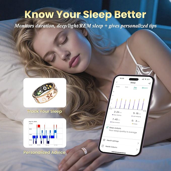 Enamel Craft Smart Ring for Women & Men - No Subscription Fee Fitness Tracker with Sleep Tracking, Heart Rate, SpO2 - IP68 Waterproof for iPhone Android - Activity Tracker, Remote Camera Size9