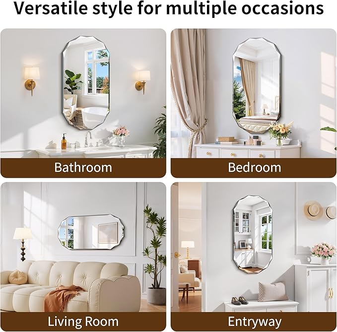 GLASHOM Beveled Edge Frameless Bathroom Mirror, Oval Wall Mirror for Over Sink, 18" x 36" Modern Decorative Vanity Mirror for Bedroom, Living Room, Entryway, Hanging Mirror Horizontal or Vertical