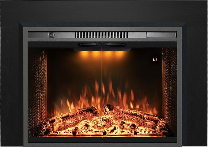 Velaychimny 44.5" W x 32" H Electric Fireplace Insert with Metal Trim Kit, Adjustable Flame, Fire Crackling Sound, Top Light Colors, Timer, Glass Door & Mesh Screen, Black