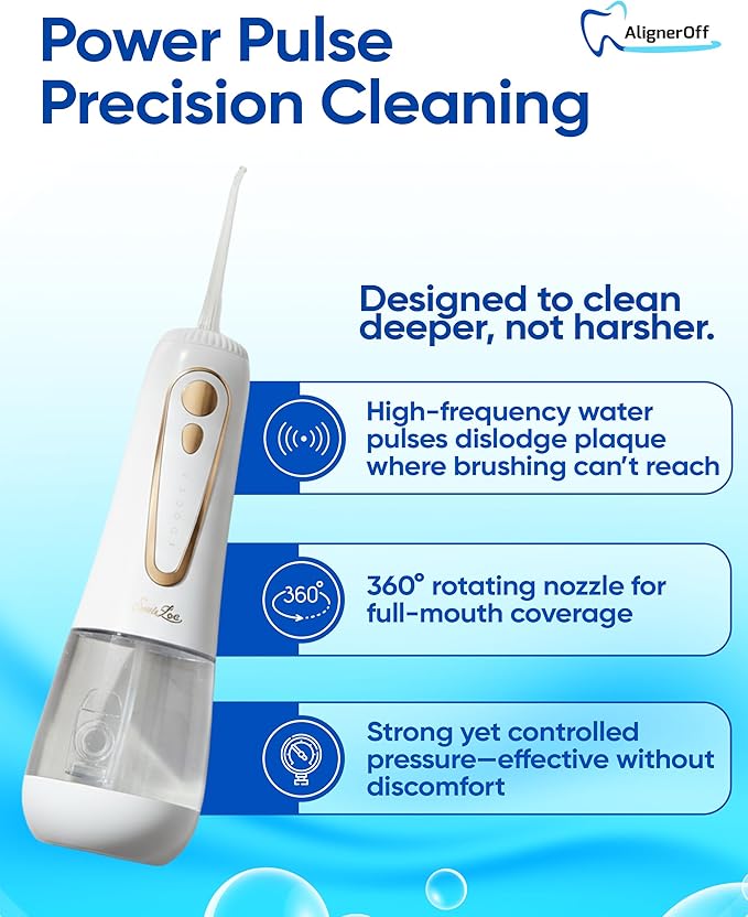 Aligner Off Sparklux Jet Water Flosser - Cordless & Rechargeable, Waterproof Design, Ideal for Teeth, Braces & Gum Care, Sleek White Finish with Rose-Gold Trim - FSA Eligible