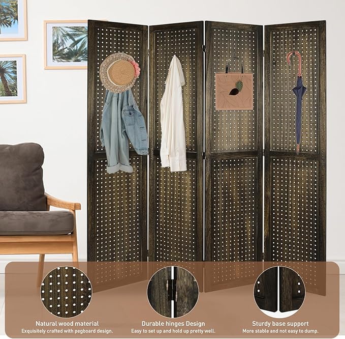 ECOMEX 4 Panel Room Divider, 5.6Ft Pegboard Display Wooden Room Divider Folding Privacy Screen Room Divider Freestanding Peg Board Display for Trade Show Craft Show Home Wall Organizer, Retro Brown