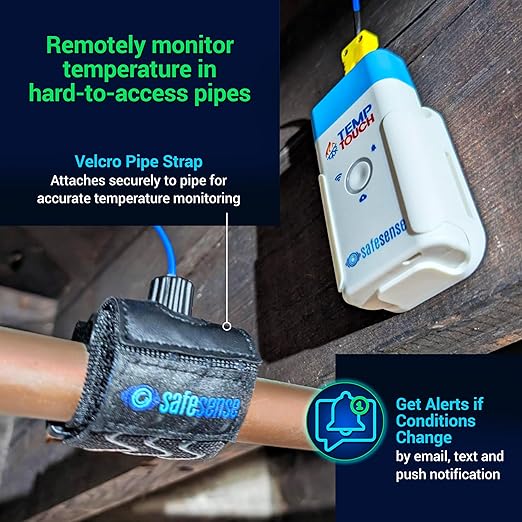SafeSense TempTouch WiFi Pipe Clamp Temperature & Humidity Sensor – Smart Thermometer for Plumbing, HVAC, Ambient Monitoring – App-Controlled Wireless Temp Sensor with Velcro Pipe Strap