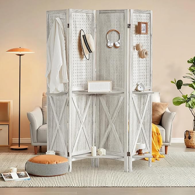 Aleesing 4 Panel Pegboard Display with 16 Hooks, Wooden Pegboard Room Divider Wall with Shelf, Partition Room Dividers and Folding Privacy Screens, Bedroom, Jewelry Store, White