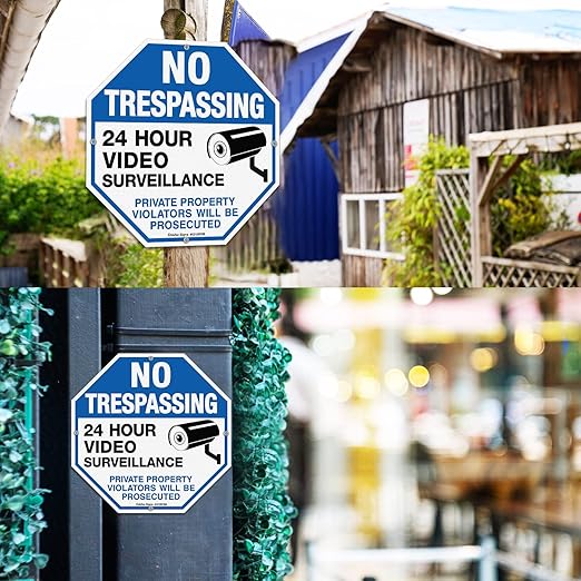 4-Pack No Trespassing Sign Private Property Protected By Video Surveillance Violators Will Be Prosecuted Sign, 12 x 12 Inch Reflective Aluminum, UV Protected, Weather/Fade Resistant, Easy to Install