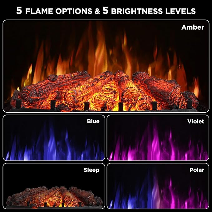 TURBRO Eternal Flame 26 in. WiFi Infrared Quartz Electric Fireplace Log Heater with Sound Crackling, Realistic Pinewood Logs, Adjustable Flame Colors, Remote Control, Thermostat, Timer, 1500W Bronze