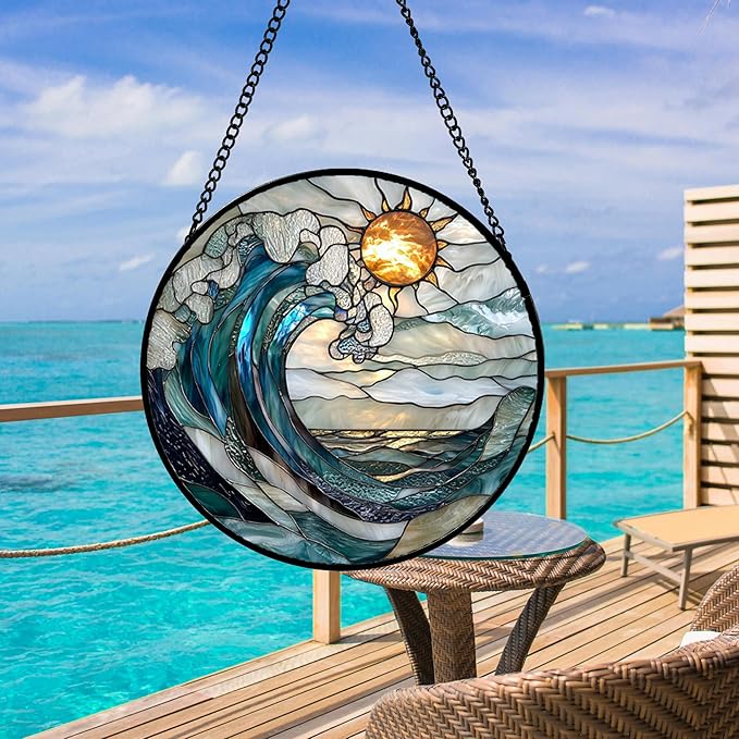 DASTOLL Stained Glass Window Hanging, Blue and White Waves Suncatcher Diamond Glass Panel Landscape Sun Catchers Decor for Birthday for Women, Men, Wife, Aunt, and Mom 14.9x14.9 in
