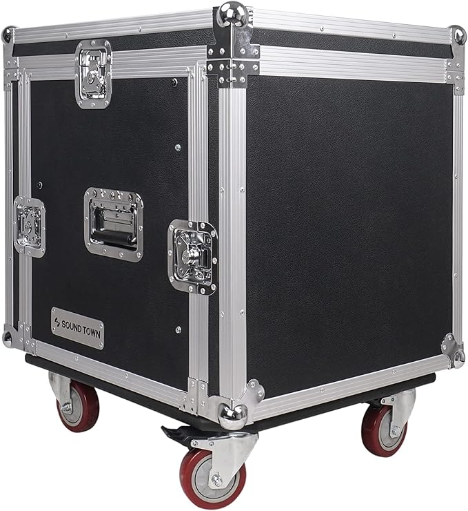 Sound Town Enhanced 1/2" (12mm) Plywood 10U PA DJ Pro Audio Rack/Road ATA Case with 11U Slant Mixer Top, 20’’ Rackable Depth and Casters, 10 Space Size, Pro Tour Grade (STMR-10UW)
