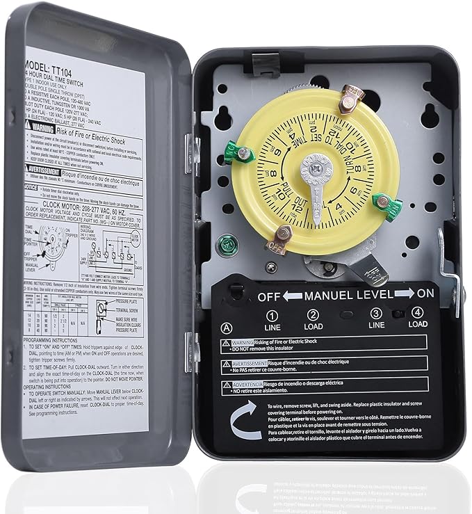 T104 Mechanical Time Switch, 208-277V AC 40A DPST, 24-Hour Dial with 12 ON/Off Trips, Heavy-Duty Timer Switch for Pool Pumps Water Heater Lighting and HVAC, with 4 Timer Trippers