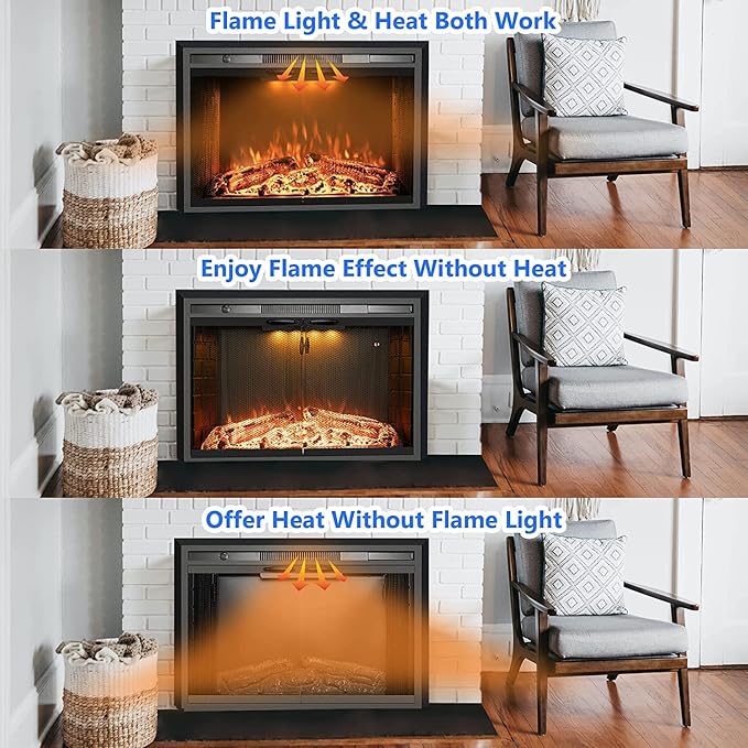 25.4 Inches Electric Fireplace Insert, 750W/1500W Fireplace Heater with Adjustable Flame and Top Light Colors, Fire Crackling Sound, Remote Control, Timer, Glass Door & Mesh Screen, Black