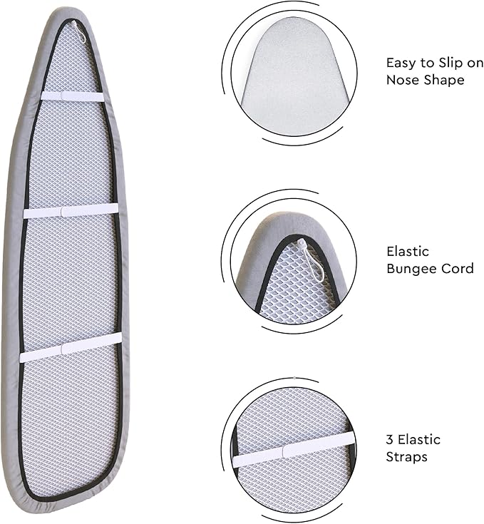 Encasa XO Ironing Board Cover and Pad 54"x15" - 4mm Felt & 2mm Foam Metallized Silver Iron Board Cover with Padding - Heat & Scorch Resistant, Non Slip, Bungee Elasticated, 3 Fasteners Silver Luxury