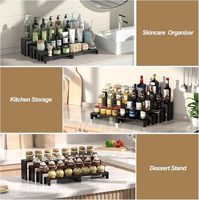 4 Set Large Black Wooden Tiered Riser Display Stands for Vendor Events,Stackable Wooden Cupcake Stand,Farmhouse Decor Wood Dessert Table Display Set,Vendor Booth Display Items,Food Display Risers for Party（12-11.2-10.4-9.6IN）