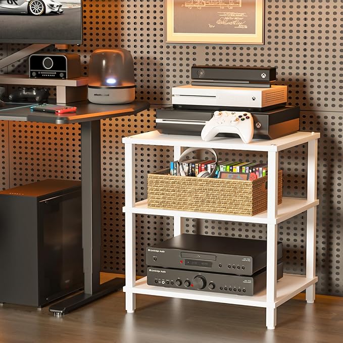 3-Tier AV Media Player Stand, white Stereo Cabinet, Modern Stereo Cabine,Game Console Shelf,Wooden TV Stand,Multifunctional Entertainment Center, Suitable for Home, Conference Room, Game Studio