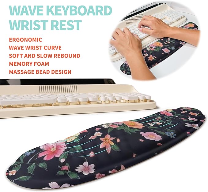 KUOSGM 2-in-1 Ergonomic Set, Wave Rise Keyboard Wrist Rest and Massage Bulge Slope Mouse Pad Wrist Support, Cushion Memory Foam Integrated to Relieve Wrist Pain, Flower Dance