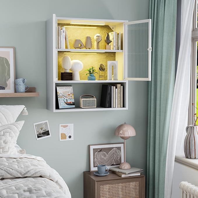 Wall Mounted Bathroom Cabinet with Glass Doors, Metal Over Toilet Storage Cabinets with Open Shelves, Medicine Cabinets for Bathroom, Living Room, Bedroom, White