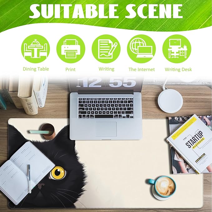 Eflxamz Desk Pad,Black Cat Desk Mat,Cute Cat Large Gaming Mouse Pad for Desk,Extended Big Computer Keyboard Mouse Pad with Non-Slip Base and Stitched Edge,35.4"x15.7"