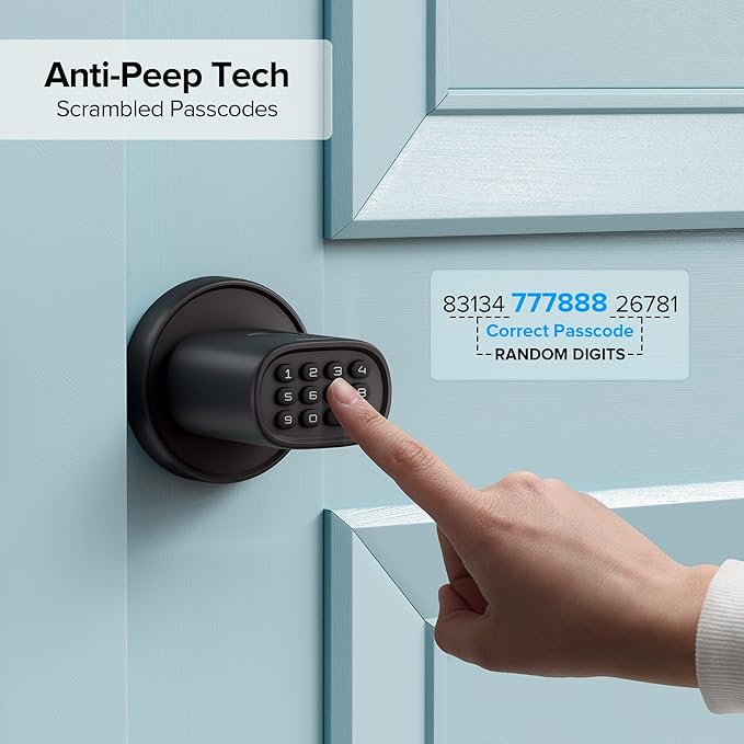 ThorBolt Fingerprint Door Knob, Keyless Door Knob with Keypad Biometric Electronic Thumbprint, Auto-Lock for Interior Doors for Bedroom, Home, Office, Garage, 4xAA Alkaline (NOT Included), MD1 Black