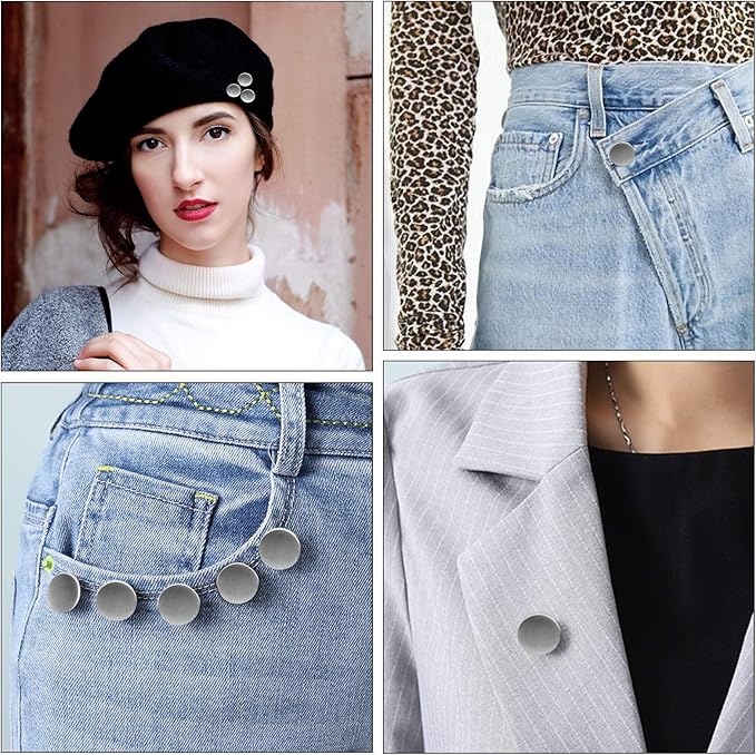 TOOVREN 8 Sets Jean Buttons for Loose Jeans, No Sew No Tool Instant Replacement Button Pins Adjustable Pant Waist Tightener to Make Smaller, Reusable Extra Pants Clips to Tighten Waist, Silver