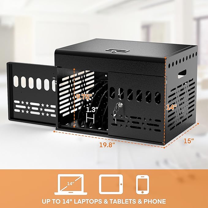 12-Device Tablet Charging Station Lock Box, Computer Cabinet with 2 Keys – Multi-Device Charging Cabinet for iPads, Chromebooks, Fire HD & Phones – Office, School, Hospital (Black),Fully Assembled