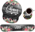 Keyboard Wrist Rest + Mouse Pad Wrist Support Set with Coasters, Chaos Coordinator Quotes Colored Floral Wreath Print Wrist Mouse Pad with Non-Slip PU Base for Home Office Working Studying
