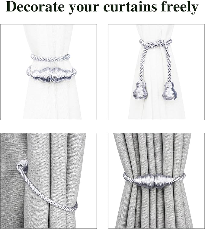 Nieffeiy Magnetic Curtain Tiebacks Outdoor Curtain Tie Backs Rope Decorative Magnetic Curtain Holders for Drapes Window Treatment Holdbacks, Grey 4Pack