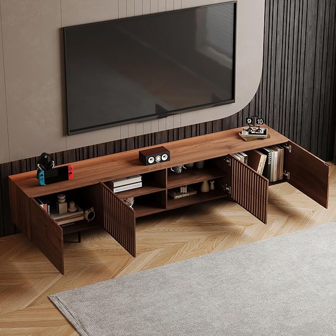 gaoyangjiaju 94.48" Mid-Century Modern TV Stand, Walnut Media Console with 4 Storage Cabinets, Entertainment Center for TVs up to 100 Inches, Ideal for Living Room or Bedroom