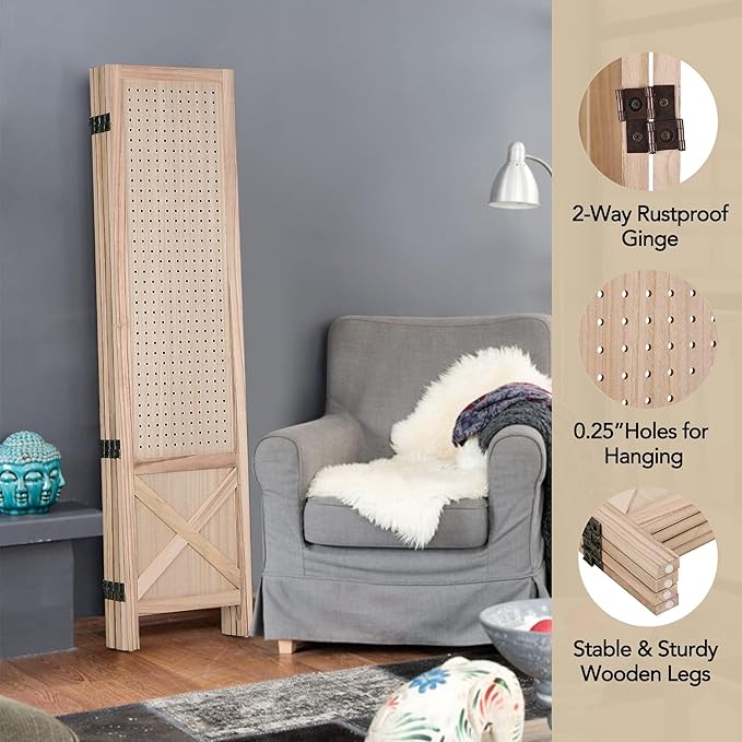 Wnutrees 4 Panel Pegboard Display, 5 Ft Wood Folding Privacy Screens Room Divider, Portable Freestanding Display Board for Craft/Art Shows, Retail, Events, Wall Organizer, Rustic Barnwood, Natural