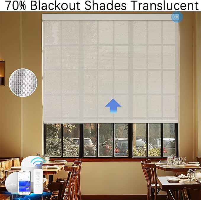 COOLWINDS Motorized Blinds with Remote Cordless Automatic Motorized Shades Custom Blinds for Windows Smart Curtains Compatible with Alexa Google Home(3% Solar Beige,W65 x H72in)