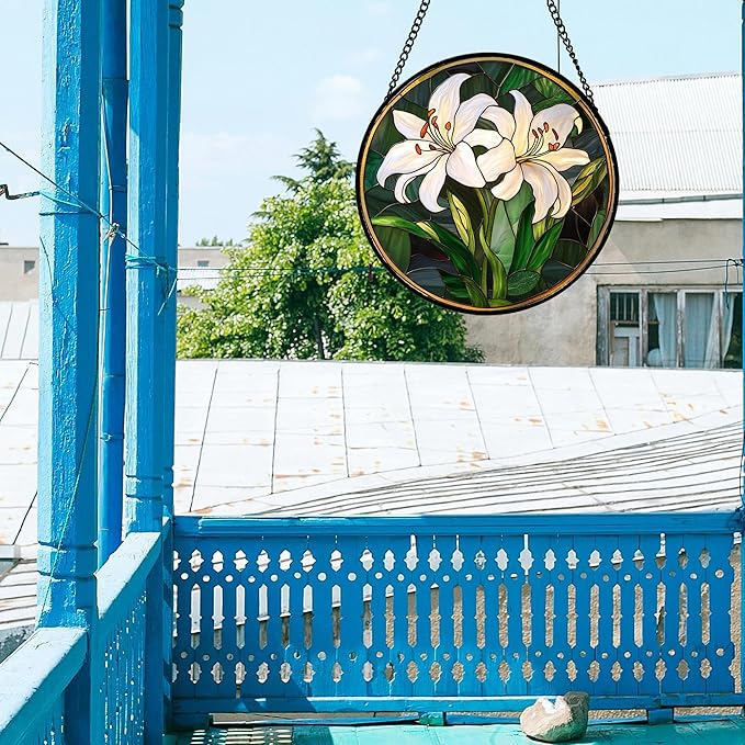 CRISGIF Stained Glass Window Hanging, White Lily Suncatcher for Door Garden Patio Birth Flower Green Plant Sun Catchers Decor Christmas Mother's Day Birthday Gifts for Women Mom Nana Friend 7.8 in