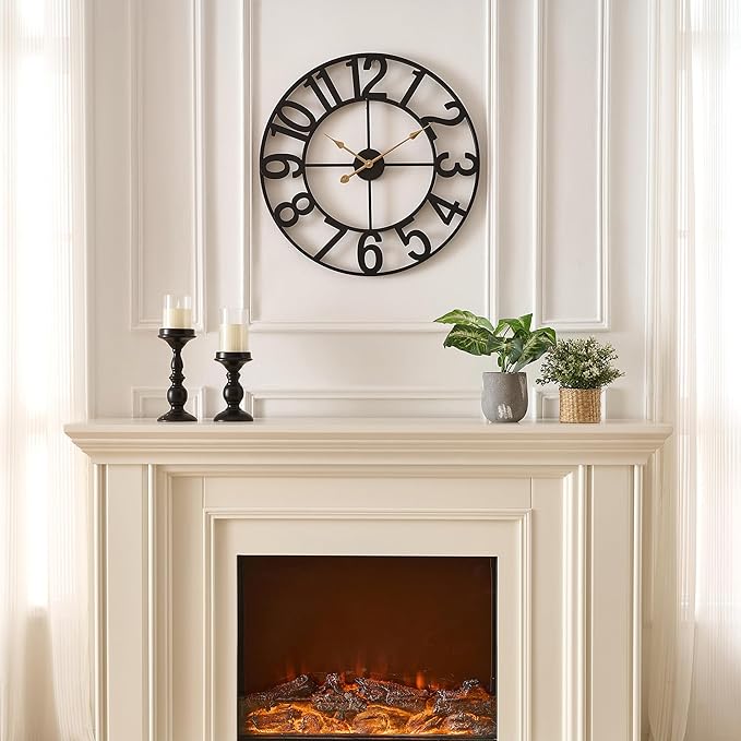 Alarmore Wall Clocks for Living Room Decor, Silent Wall Clock Battery Operated, Mid Century Rustic Farmhouse Black Metal Skeleton Large Clocks for Kitchen, Bedroom, Dining Room-18 in