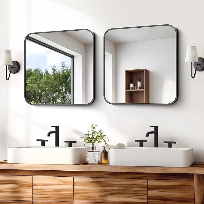 Black Bathroom Mirror, 18 x 18 inch Square Mirrors for Wall, Metal Frame Rounded Corner Vanity Mirror for Over Sinks Modern Bedroom Living Room Horizontal Or Vertical Mounting