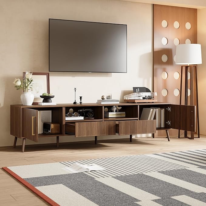 Merax Mid Century 78" TV Stand, Modern Entertainment Center for TVs up to 85", Media Console with Storage, Open Shelf, 2 Cabinets & 2 Drawers for Living Room, Office
