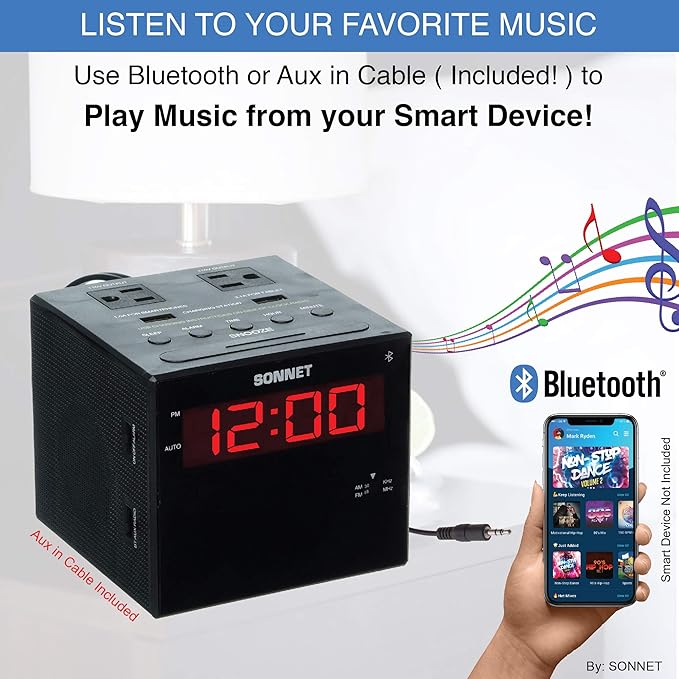 Sonnet Alarm Clock Charging Station, Bluetooth Speaker, AM FM Radio, Dual USB Charging Ports, Dual AC Outlets, Very Loud Alarm Clock for Heavy Sleepers and The Hearing Impaired for Desk, Bedroom