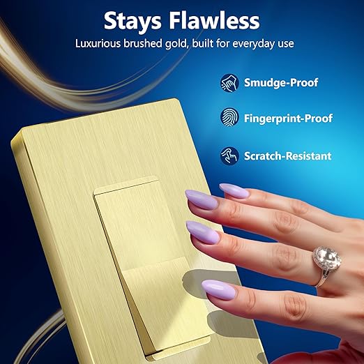 LIDER Brushed Gold Minimalist Design Decorator Switch, Frameless Paddle Wall Light Switch, On/Off Rocker Switch, Single Pole, Residential Grade, UL Listed, 3 Wire, 15A 120-277VAC