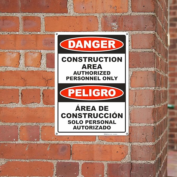 Brimar - 10" x 14" - Bilingual Danger Construction Area Authorized Only Sign - .055″ Polyethylene Plastic - Bilingual Design - Easy Installation