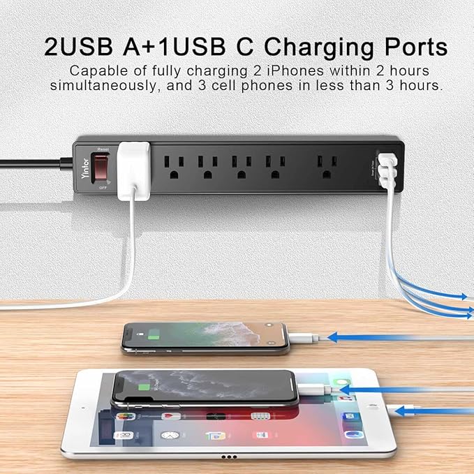 10 Ft Power Strip Surge Protector - Yintar Extension Cord with 6 AC Outlets and 3 USB Ports for Home, Office, Dorm Essentials, 1680 Joules, ETL Listed, Black